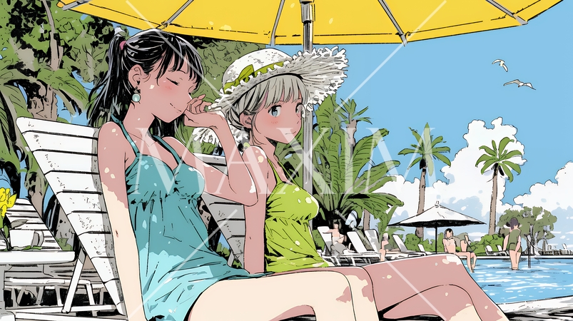 プールサイドのデッキチェアで談笑する女友達たち｜夏のリゾートで過ごすリラックスしたライフスタイルイメ