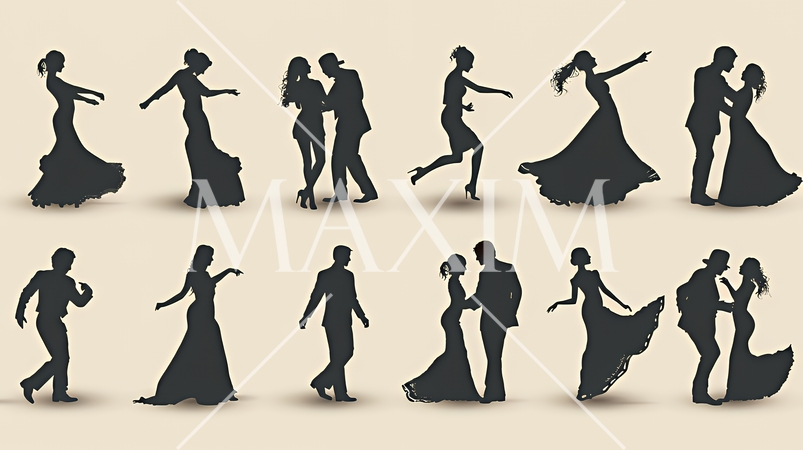 社交ダンスを楽しむ人たちのシルエット｜優雅でエレガントなボールルームダンスイメージ