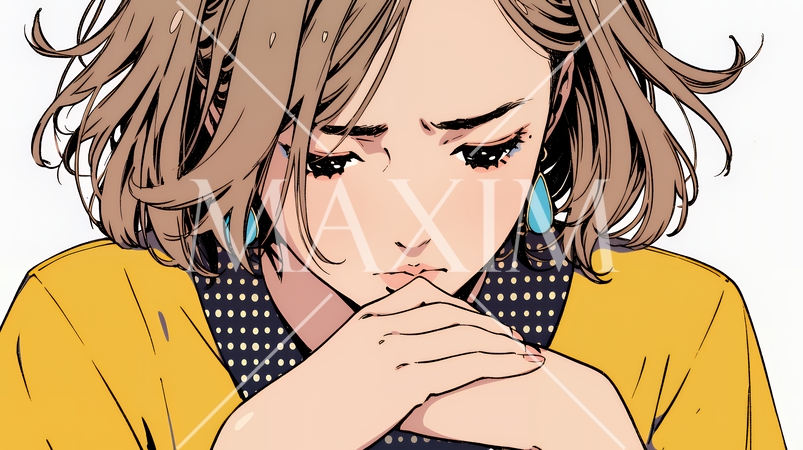 唇を噛んで不安そうな表情をしている若い女性