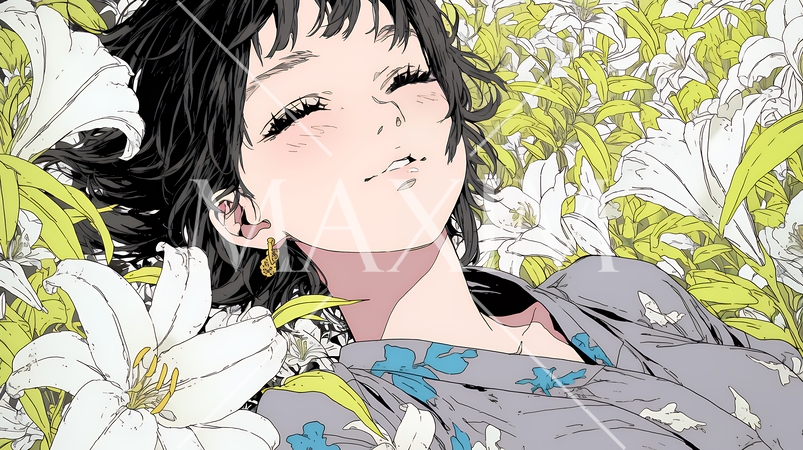 ユリの花と若い女性