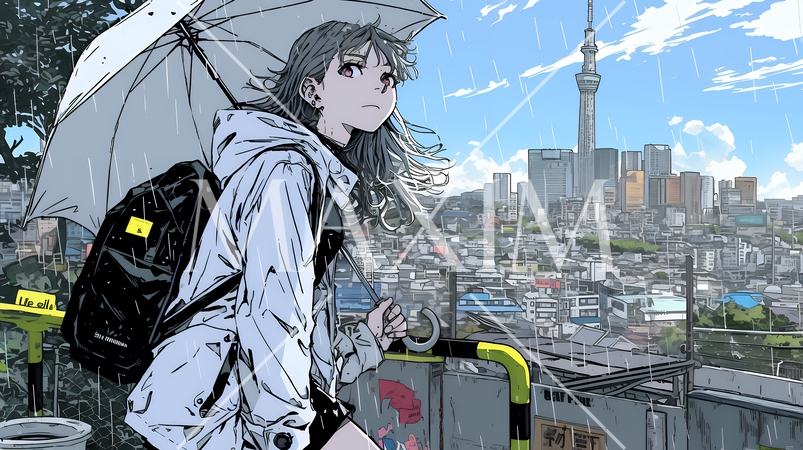 雨の中を歩く女性と都会のランドスケープ