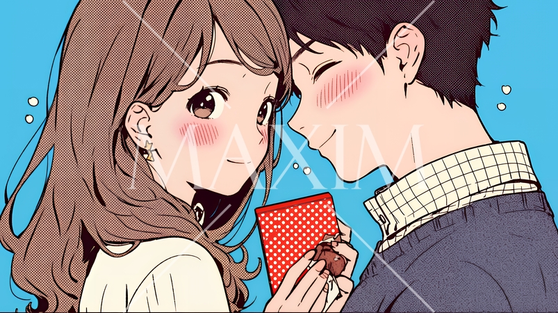 バレンタインディのチョコを男性に渡そうとしている若い女性