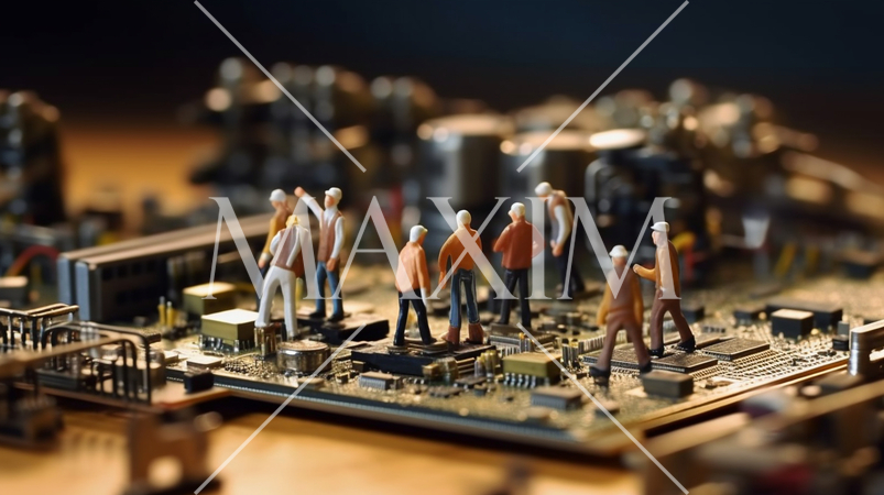 PCの基板の上で一生懸命働いている小人たち