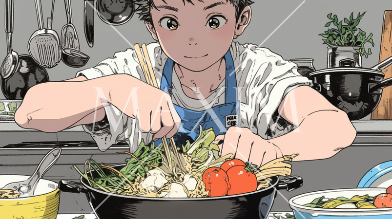 男性が一生懸命に鍋料理を作っている