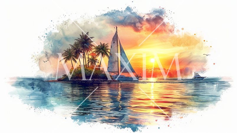 南洋の孤島とヨットと夕日：水彩画