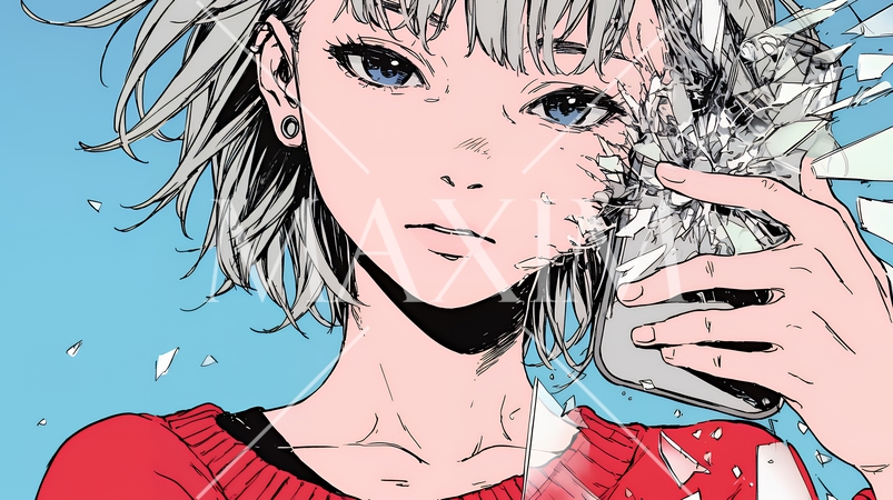 画面が壊れたスマホを手に持つ若い女性