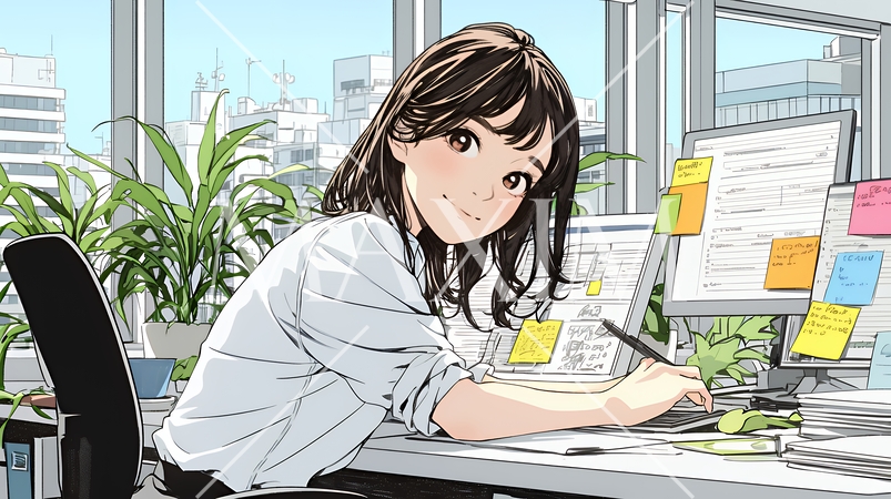 職場のデスクでパソコンに向かって仕事をしているビジネスウーマン