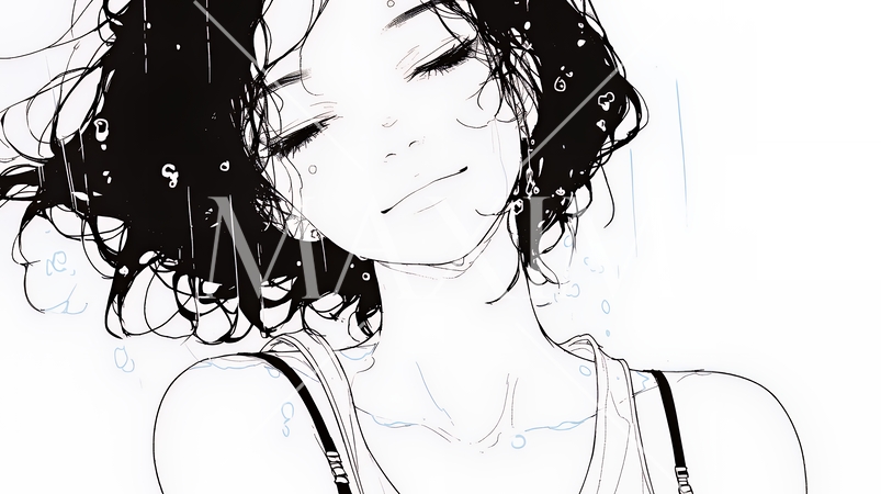 夏の急な雨でびしょ濡れの若い女性（シンプルな色使い）