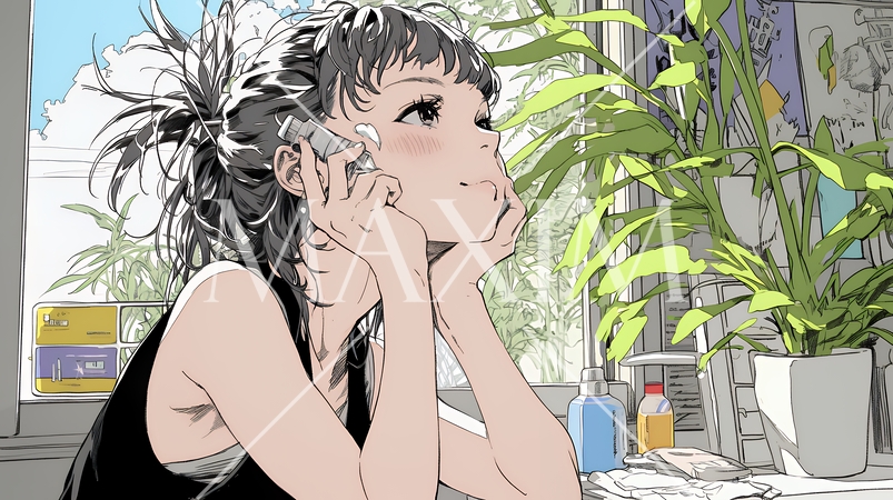 スキンケアを念入りに行う若い女性