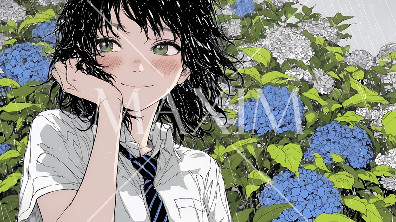 アジサイと梅雨の長雨と若い女性