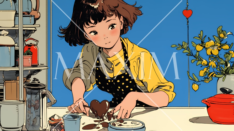 バレンタインプレゼント用のチョコレートを一生懸命作っている若い女性