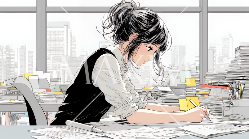 オフィスのデスクで、入念に書類をチェックする女性