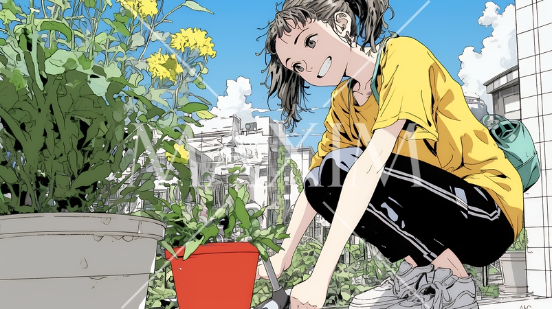 プランターの花に水やりをする若い女性｜ベランダガーデニングと自然を楽しむ爽やかな暮らしシーン