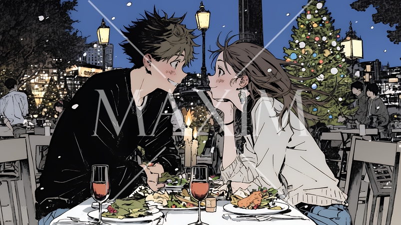 クリスマスディナーを楽しんでいる若いカップル