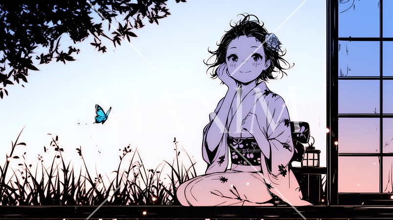 浴衣姿で夕涼みをしている若い女性（シンプルな色使い）