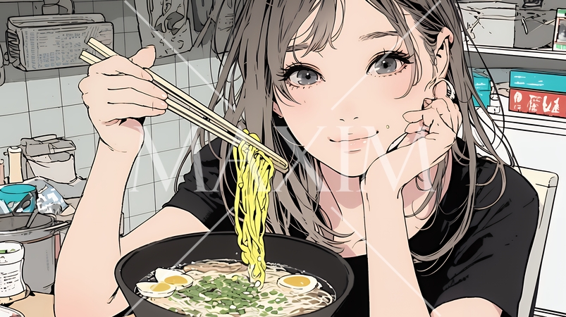 ラーメンを食べている若い女性