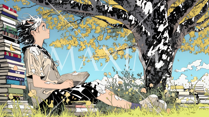 読書の秋：紅葉の木の下で本を読んでいる若い女性