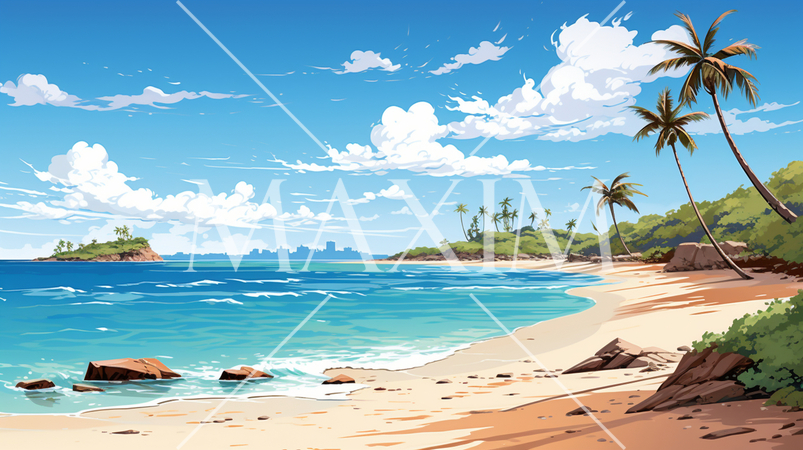 南国の島の浜辺と青い空のイラスト