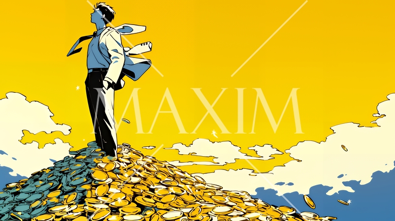 マネーゲームの勝者：金貨の山の登頂に挑み成功した姿で表現