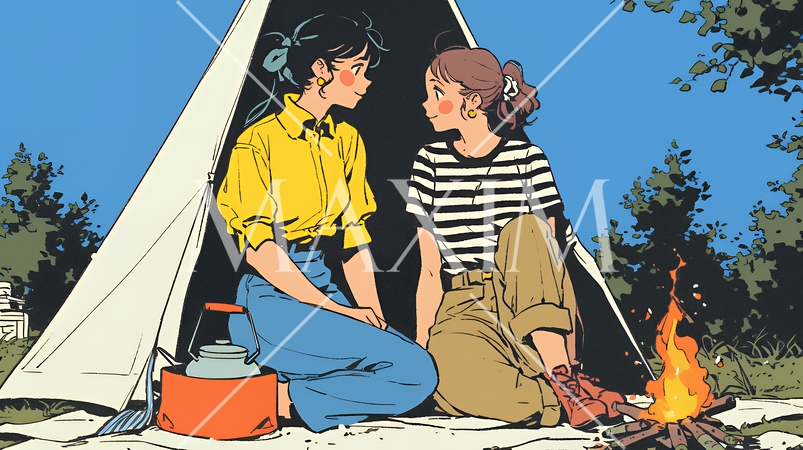 女友達と一緒にテントキャンプを楽しむ若い女性