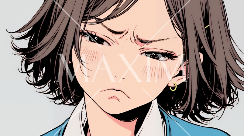 口と顔を歪めて嫌な感情を表している若い女性