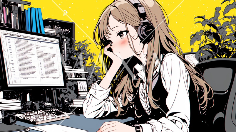 デスクでPC操作をしている待機中の女性オペレータ