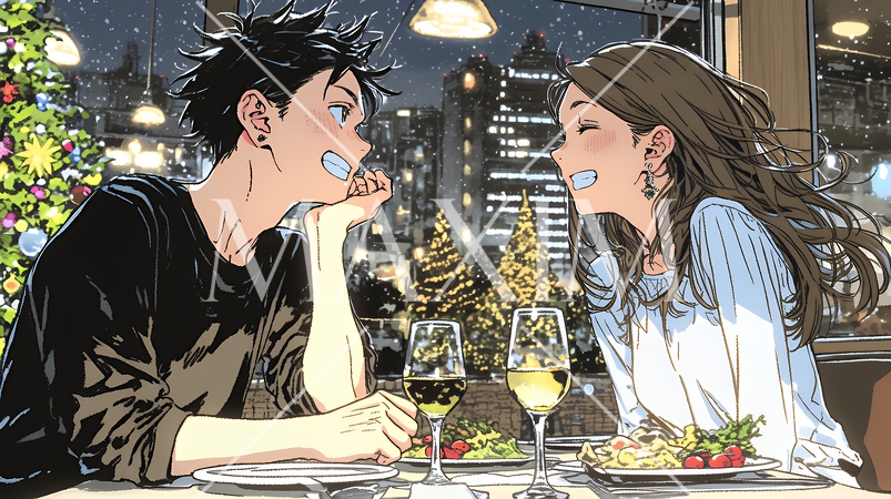 クリスマスディナーを楽しんでいる若いカップル