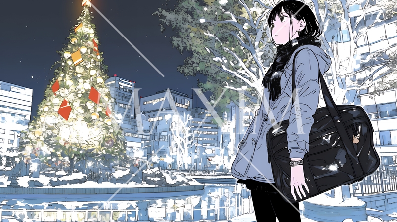 クリスマスイルミネーションが美しい街を散策する若い女性