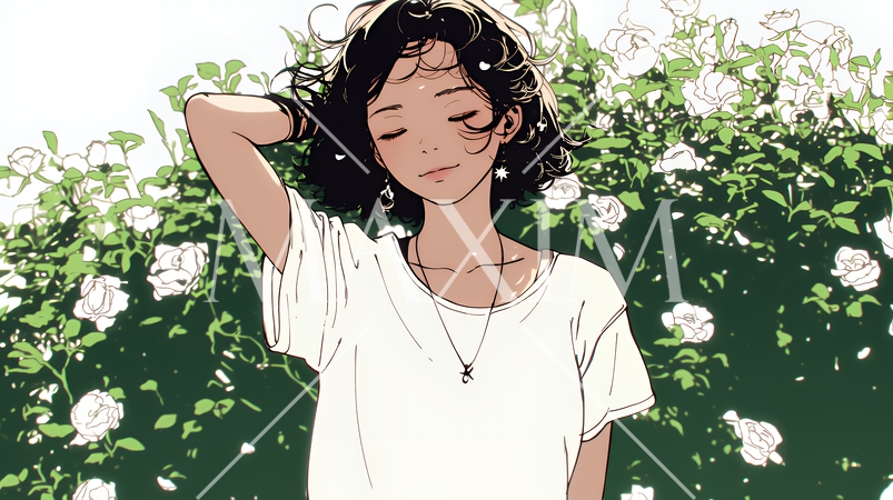 バラ園を散策している若い女性（シンプルな色使い）