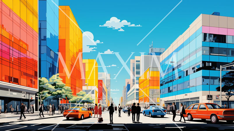 昼休み時の都心のビル街：ポップな色使いで