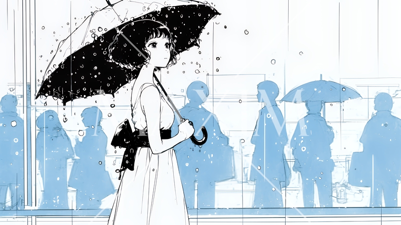 雨の日に傘をさして歩く若い女性（シンプルな色使い）