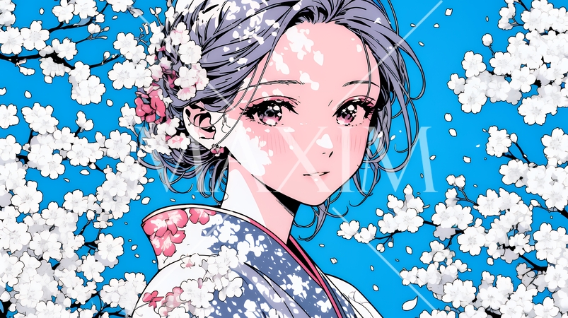 満開の梅の花と和服姿の若い女性