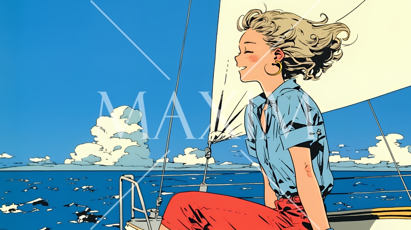 ヨットに乗っている若い女性