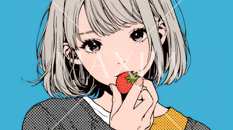 イチゴを摘んで食べている若い女性