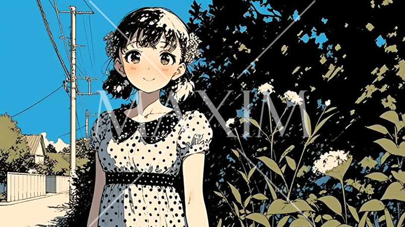 晴天の夏の日、近所を散歩している少女