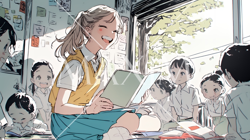 児童と若い女性の先生