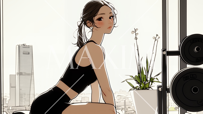 休日にジムで軽く運動する若い女性（シンプルな色使い）