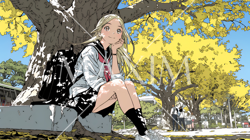 通学路の色づいた銀杏の木の下に腰掛ける女子高生