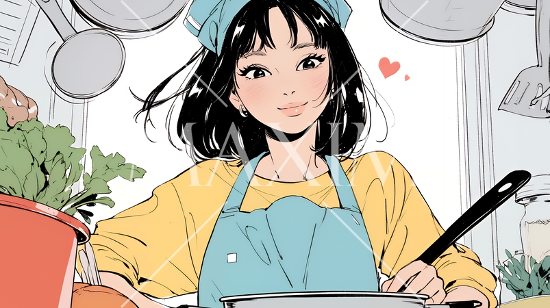 なれない料理に奮闘中の若い女性