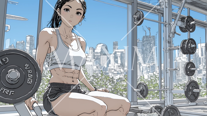 休日にジムで軽く運動する若い女性