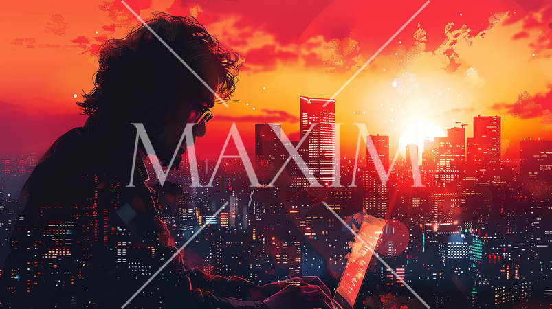 徹夜明けのビジネスマン：オフィスで徹夜をして朝日が上がろうとしている