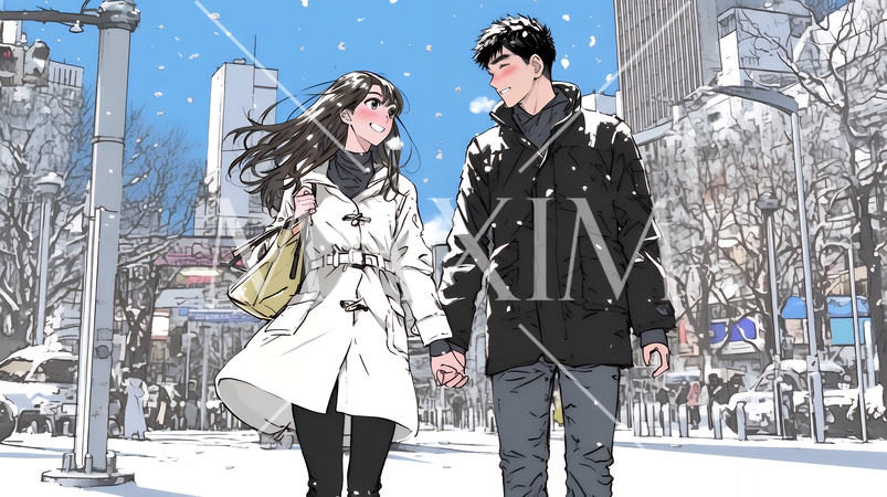 冬枯れ街をデートしている若い恋人たち