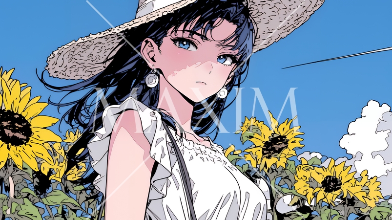 向日葵畑にいる若い女性