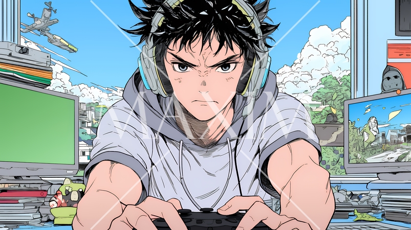 対戦型テレビゲームに没頭している若い男性