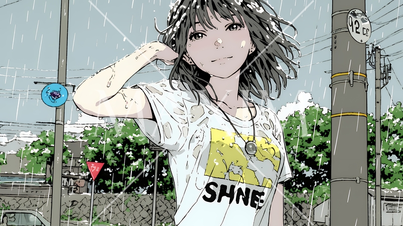 夏の急な雨でびしょ濡れの若い女性