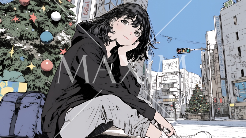 ホワイトクリスマスの街を歩く若い女性