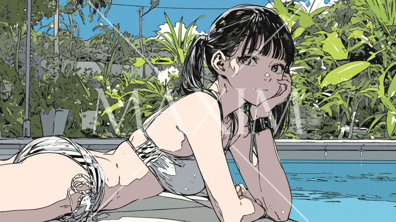 南国のリゾートホテルのプールにビキニ姿でいる若い女性