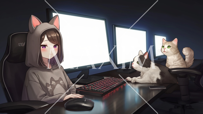 猫耳少女とPCを見つめる猫たち