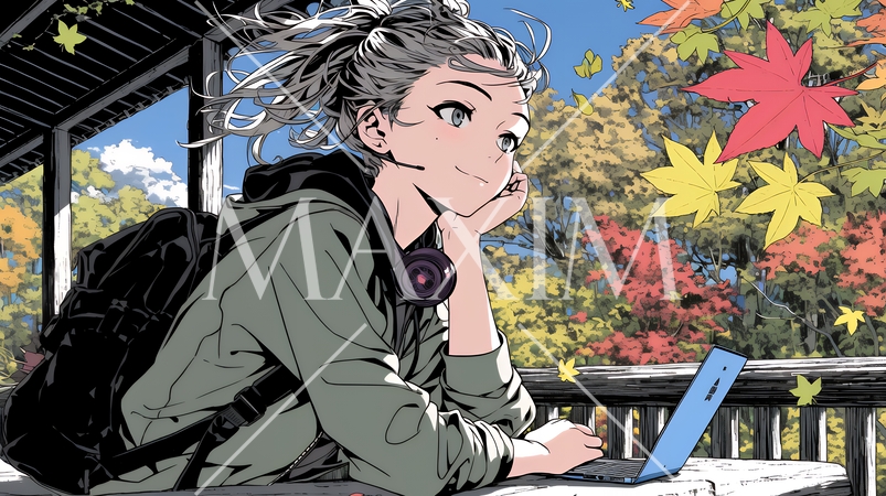 美しい紅葉の中でもPCを手放せない若い女性