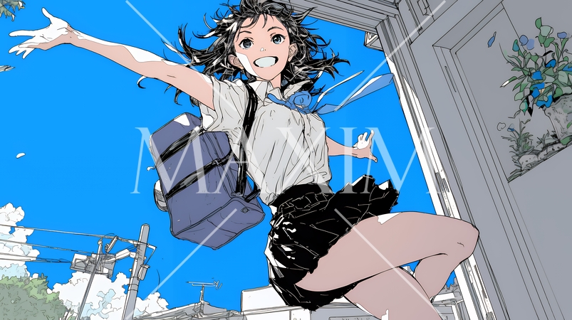 学校に遅れそうで道を急いでいる女子高生